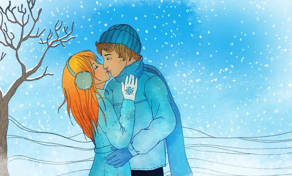 Jovem casal amoroso beijando em um inverno — Fotografia de Stock