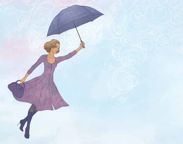 Zakenvrouw vliegen met paraplu — Stockfoto