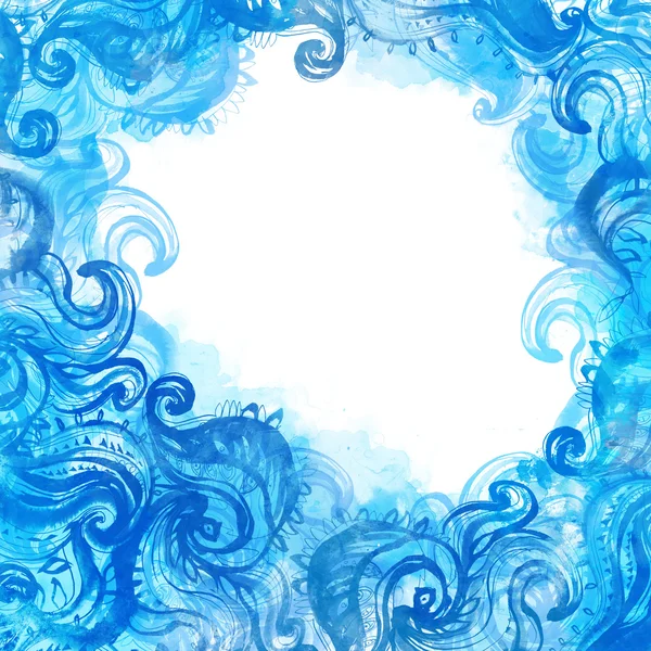 Elegant blue patterned frame painted with watercolor — Stock Photo, Image