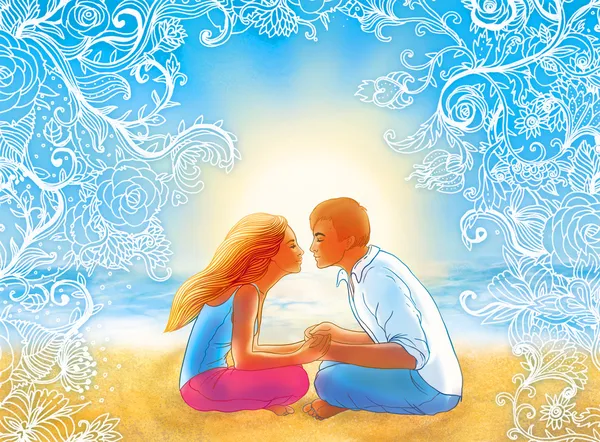 Two young lovers kissing on the ocean beach — Stock Photo, Image