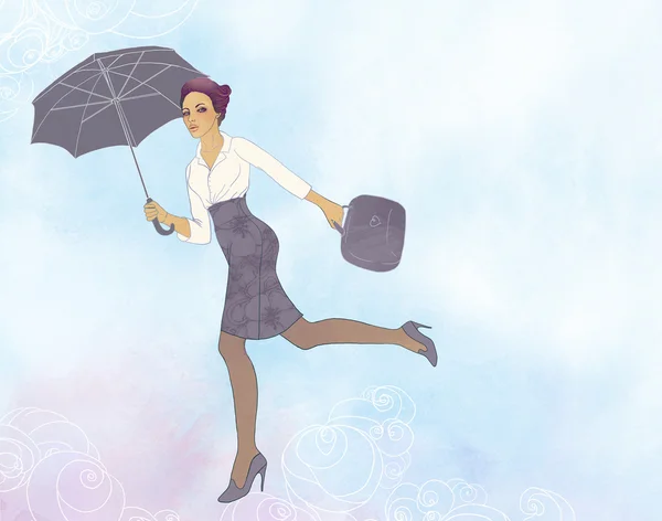 Uçan şemsiye ile hava iş kadını — Stok fotoğraf