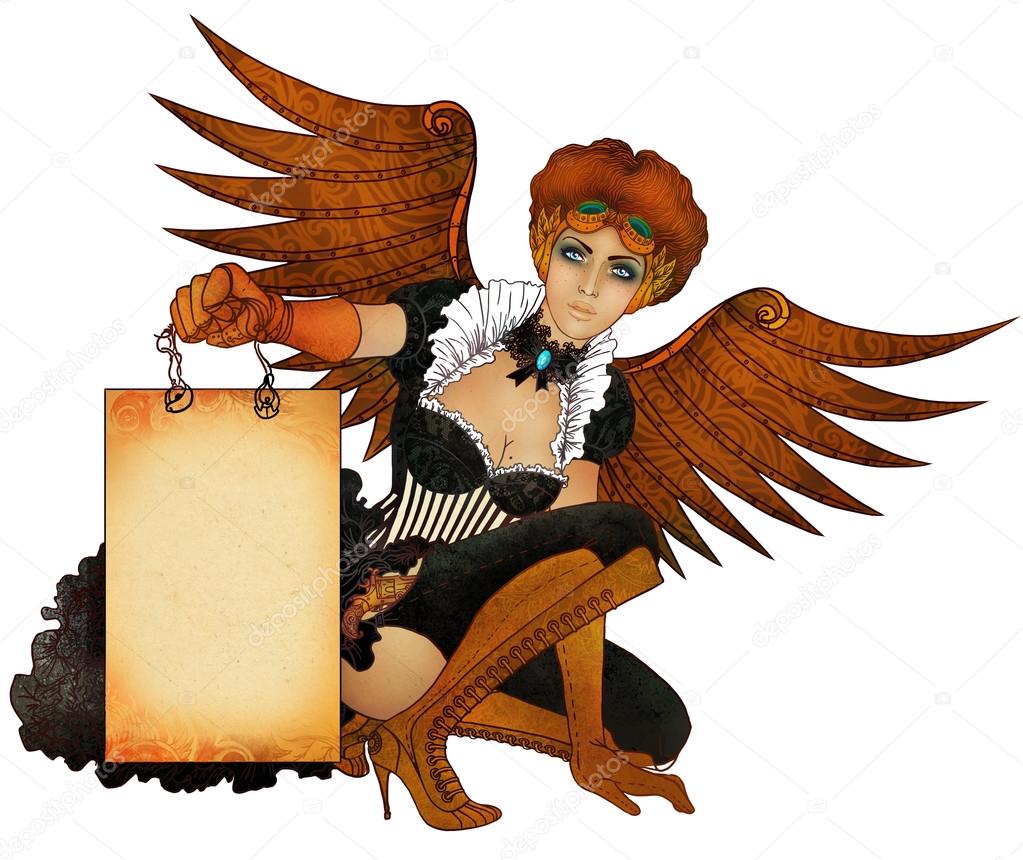 Steampunk girl with wings holding banner.