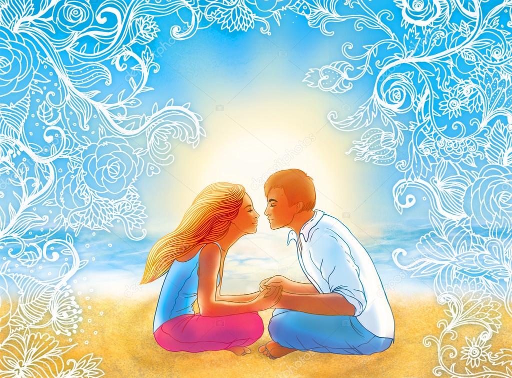 Two young lovers kissing on the ocean beach