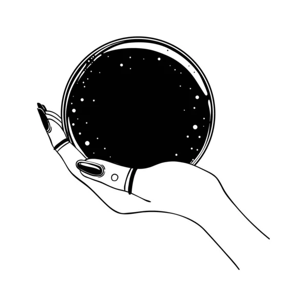Női kéz kezében Magic Crystal Ball elszigetelt fehér. Hátborzongató aranyos vektor illusztráció. Gótikus design, misztikus bűvész szimbólum fekete körvonalakban. Halloween koncepció. — Stock Vector