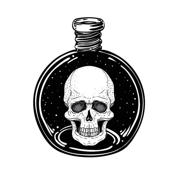 Potion magique, bouteille noire avec lune et étoiles à l'intérieur. Illustration vectorielle isolée sur blanc. Spiritualité, tatouage magique — Image vectorielle