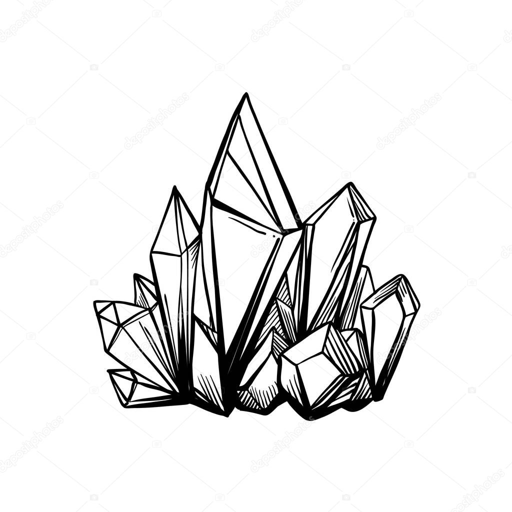 Hand drawn crystal gem isolated on white. Geometric gemstone symbol in black and white. Vector illustration. Gothic design, mystic magician symbol in black outlines. Future telling, Halloween concept.