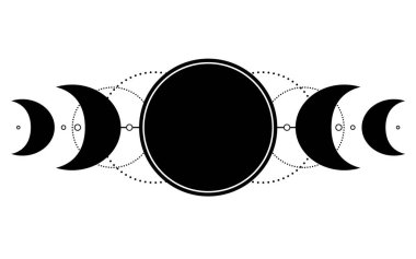 Üçlü ay pagan ay tanrıçası sembolü. Üç Yüzlü Tanrıça, Bakire, Anne, Kocakarı vektör çizimi. Dövme, astroloji, simya, boho ve sihirli sembol.