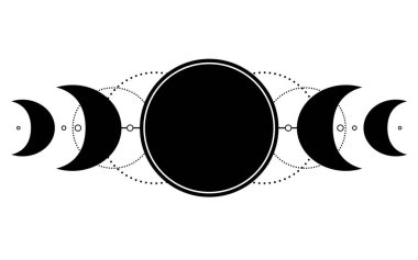 Üçlü ay pagan ay tanrıçası sembolü. Üç Yüzlü Tanrıça, Bakire, Anne, Kocakarı vektör çizimi. Dövme, astroloji, simya, boho ve sihirli sembol.