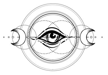 Tanrı 'nın Gözü. Mason sembolü. Üçlü Ay Pagan Ay Tanrıçası sembolü içinde tüm gören gözler. Vektör çizimi. Dövme, astroloji, simya, boho ve sihirli sembol.