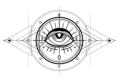 Tanrı 'nın Gözü. Mason sembolü. Üçlü Ay Pagan Ay Tanrıçası sembolü içinde tüm gören gözler. Vektör çizimi. Dövme, astroloji, simya, boho ve sihirli sembol.