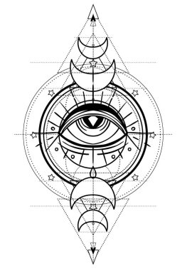 Tanrı 'nın Gözü. Mason sembolü. Üçlü Ay Pagan Ay Tanrıçası sembolü içinde tüm gören gözler. Vektör çizimi. Dövme, astroloji, simya, boho ve sihirli sembol.
