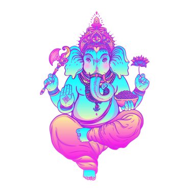 Güzel el yapımı kabile tarzı fil. Boho desenli renkli tasarım, psikedelik süsler. Etnik poster, ruhani sanat, yoga. Hint tanrısı Ganesha, Hint sembolü..