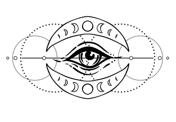 Œil de Providence. Un symbole maçonnique. Tous les yeux de vue à l'intérieur de la lune triple païenne Wicca symbole de la déesse de la lune. Illustration vectorielle. Tatouage, astrologie, alchimie, boho et symbole magique. — Image vectorielle