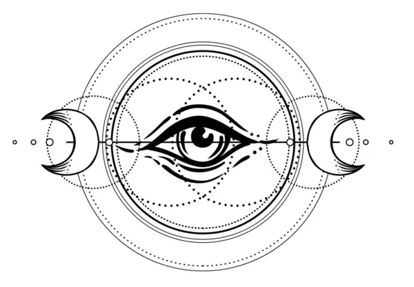 Oog van de Voorzienigheid. Vrijmetselaars symbool. Iedereen ziet oog in drievoudige maan heidense Wicca maan godin symbool. Vector illustratie. Tatoeage, astrologie, alchemie, boho en magisch symbool. — Stockvector