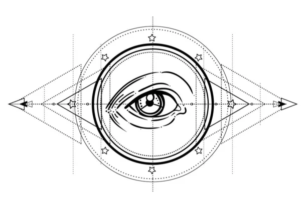 Око Провидіння. Масонський символ. Всі бачать очі всередині тримісячного язичницького місячного символу Вікки. Векторна ілюстрація. Татуювання, астрологія, алхімія, бохо і магічний символ. — стоковий вектор