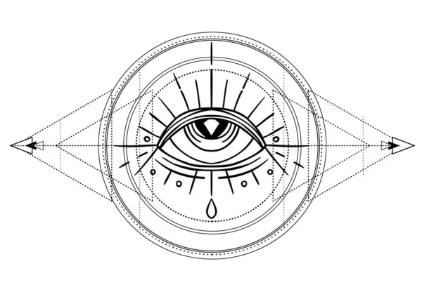 프로비던스의 눈. 심볼 릭 심볼. 세 개의 달의 여신 비카 (Wicca) 의 상징으로 모든 눈을 보고 있다. 벡터 일러스트. 문신, 점성술, 연금술, 보호 및 마술의 상징물. — 스톡 벡터