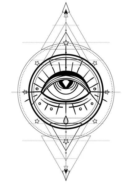 Auge der Vorsehung. Freimaurerisches Symbol. Alles sehende Auge im Inneren des heidnischen Wicca-Mondgöttin-Symbols. Vektorillustration. Tätowierung, Astrologie, Alchemie, Boho und magisches Symbol. — Stockvektor