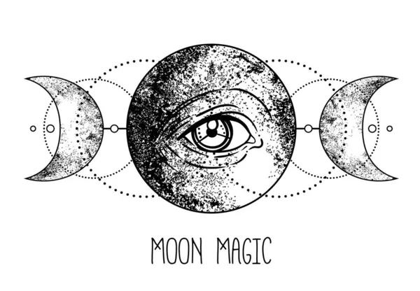 Oko Opatrzności. Masoński symbol. Wszyscy widzą oczy wewnątrz potrójnego księżyca pogańska Wicca symbol bogini księżyca. Ilustracja wektora. Tatuaż, astrologia, alchemia, boho i magiczny symbol. — Wektor stockowy