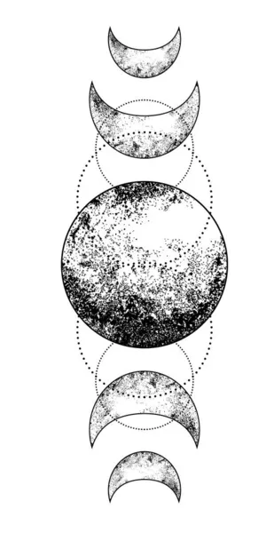 Trojitý pohanský symbol bohyně měsíce Wicca. Trojtvářná bohyně, panna, matka, vektorová ilustrace. Tetování, astrologie, alchymie, boho a magický symbol. — Stockový vektor