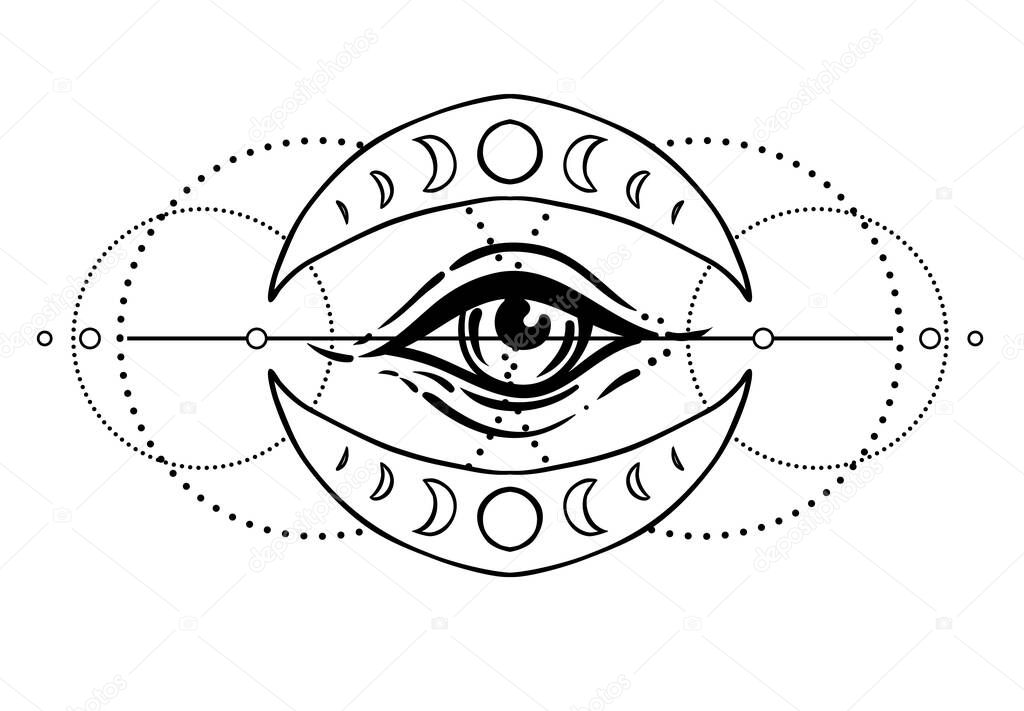 Eye of Providence. Masonic symbol. All seeing eye inside triple moon pagan Wicca moon goddess symbol. Vector illustration. Tattoo, astrology, alchemy, boho and magic symbol.