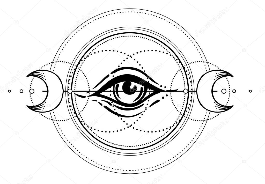 Eye of Providence. Masonic symbol. All seeing eye inside triple moon pagan Wicca moon goddess symbol. Vector illustration. Tattoo, astrology, alchemy, boho and magic symbol.