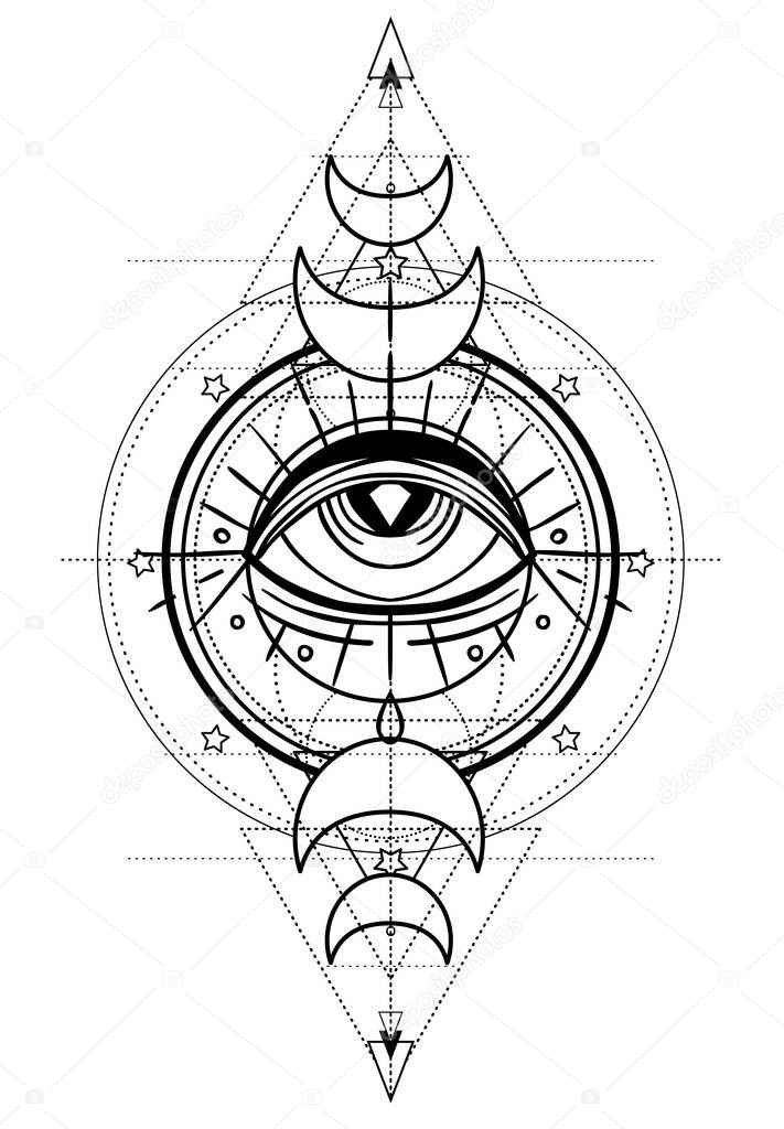 Eye of Providence. Masonic symbol. All seeing eye inside triple moon pagan Wicca moon goddess symbol. Vector illustration. Tattoo, astrology, alchemy, boho and magic symbol.