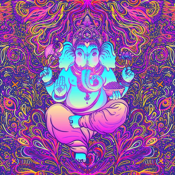 Beautiful hand-drawn tribal style elephant. Colorful paisley design, boho mandala patterns, ornaments. Ethnic background, spiritual art, yoga. Indian god Ganesha, Thai symbol. — Stock Vector