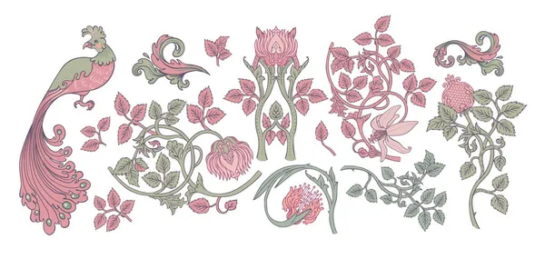 Nature vintage elements. Enchanted Vintage Flowers and bird. Arts and Crafts movement inspired. Vector design elements. — Stock Vector