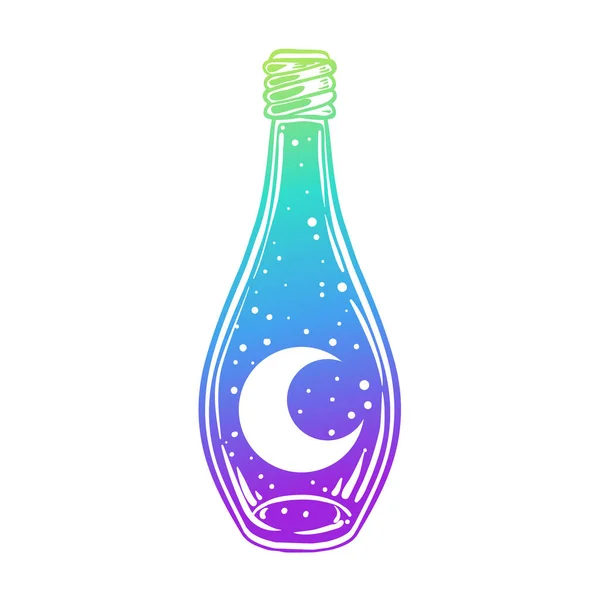 Magic potion: gradient bottle with moon and stars inside. Vector illustration isolated on white. Spirituality, occultism, chemistry, magic tattoo concept. — Stock Vector