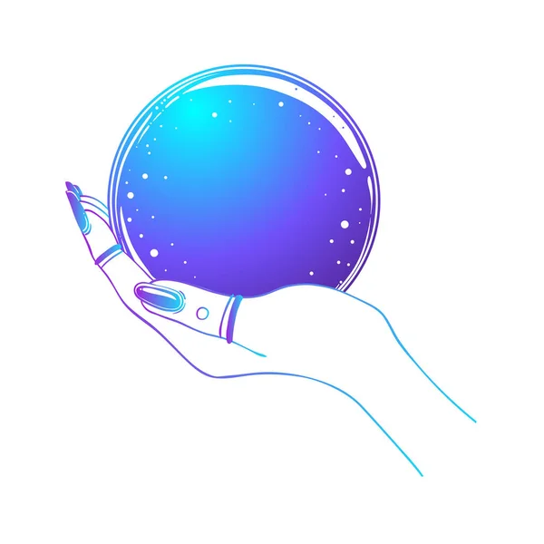 Mano femenina sosteniendo Magic Crystal Ball aislada en blanco. Espeluznante ilustración vectorial lindo. Diseño gótico, símbolo místico mago, colores pastel. Futuro diciendo — Vector de stock