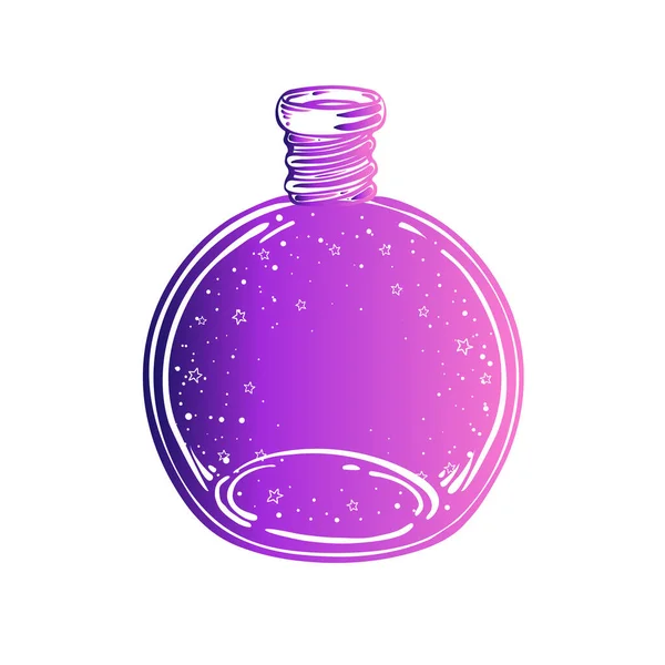Zaubertrank: schwarze Flasche. Vektorverlauf violette Illustration isoliert auf weiß. Spiritualität, Okkultismus, Chemie. — Stockvektor