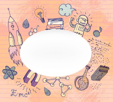 Okula dönelim: Fen laboratuarı objeleri klasik tarzda karalama çizimler, kusursuz desenler, vektör illüstrasyonları. Laboratuvar ekipmanları. Not defteri sayfası. Biyoloji jeoloji simya kimyası..