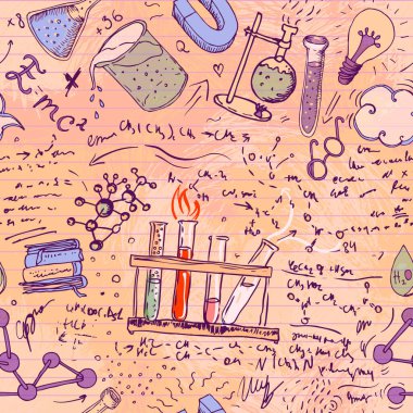 Okula dönelim: Fen laboratuarı objeleri klasik tarzda karalama çizimler, kusursuz desenler, vektör illüstrasyonları. Laboratuvar ekipmanları. Not defteri sayfası. Biyoloji jeoloji simya kimyası..