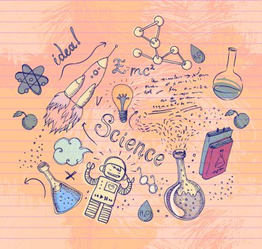 Okula dönelim: Fen laboratuarı objeleri klasik tarzda karalama çizimler, kusursuz desenler, vektör illüstrasyonları. Laboratuvar ekipmanları. Not defteri sayfası. Biyoloji jeoloji simya kimyası..