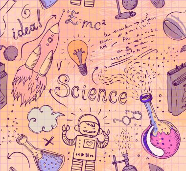 Okula dönelim: Fen laboratuarı objeleri klasik tarzda karalama çizimler, kusursuz desenler, vektör illüstrasyonları. Laboratuvar ekipmanları. Not defteri sayfası. Biyoloji jeoloji simya kimyası..