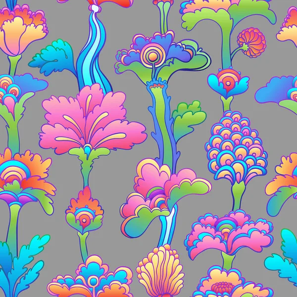 Floral kleurrijke naadloze patroon, retro 60s, 70s hippie achtergrond. Vintage psychedelisch textiel, wikkeling, behang. Vector herhaalt illustratie. — Stockvector