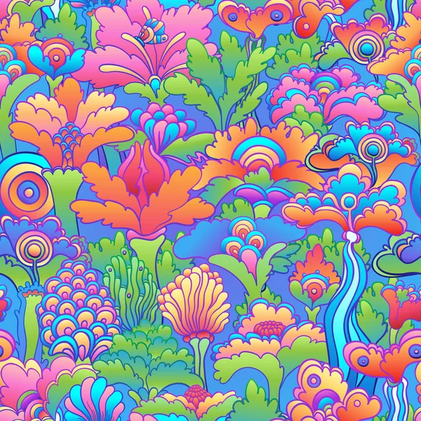 Padrão sem costura colorido floral, retro 60 anos, fundo hippie dos anos 70. Vintage têxtil psicodélico, embrulho, papel de parede. Ilustração de repetição do vetor. — Vetor de Stock