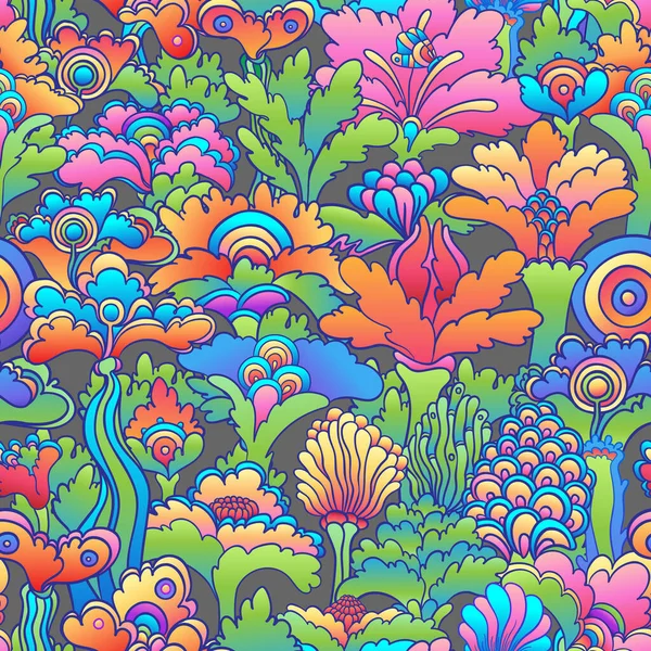 Padrão sem costura colorido floral, retro 60 anos, fundo hippie dos anos 70. Vintage têxtil psicodélico, embrulho, papel de parede. Ilustração de repetição do vetor. — Vetor de Stock