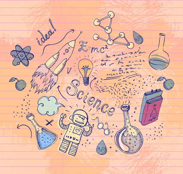 Back to School: science lab objects doodle vintage style skica seamless pattern, vector illustration. Laboratorní vybavení. Zápisník list papír.Biologie geologie alchymie chemie. — Stockový vektor