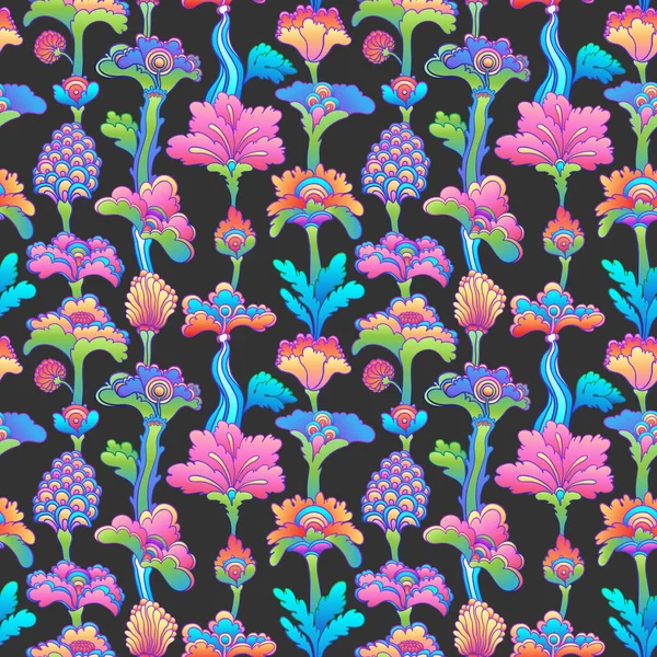 Floral πολύχρωμο απρόσκοπτη μοτίβο, ρετρό 60, 70 hippie φόντο. Vintage ψυχεδελικό ύφασμα, περιτύλιγμα, ταπετσαρία. Εικονογράφηση διανύσματος. — Διανυσματικό Αρχείο