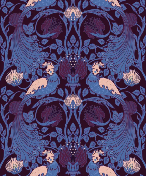 Floral vintage inconsútil patrón de aves para fondos de pantalla retro. Flores vintage encantadas. Movimiento de Artes y Oficios. Diseño para papel de envolver, papel pintado, telas y ropa. — Vector de stock