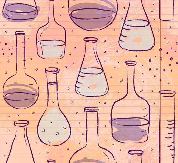 Back to School: science lab objects doodle vintage style skica seamless pattern, vector illustration. Laboratorní vybavení. Zápisník list papír.Biologie geologie alchymie chemie. — Stockový vektor