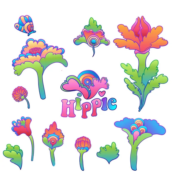 Kleurrijke bloem set, retro jaren '60, jaren' 70 hippie stijl. Vintage psychedelische vector design elementen. geïsoleerd op wit. — Stockvector