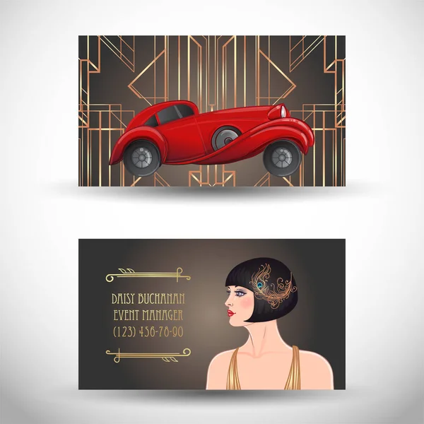 Illusztrációja flapper lány és piros autó. Art Deco vintage meghívó sablon design. minták és keretek. Vektor illusztráció. Üvöltő húszasok. Klasszikus autó — Stock Vector