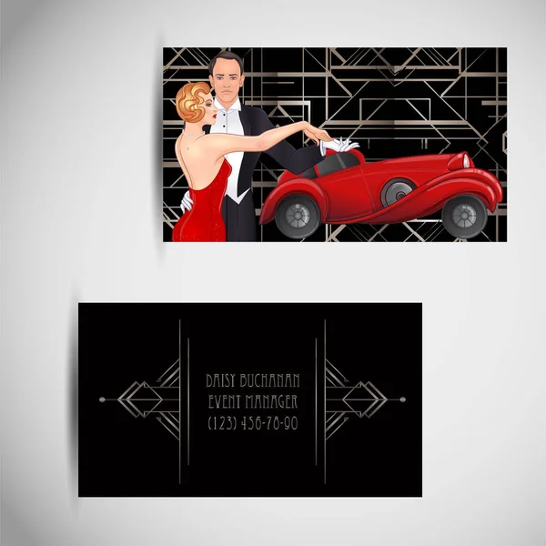 Beautiful couple in art deco style dancing tango. Retro fashion: glamour man and woman of twenties and red car. Vector illustration. Roaring Twenties. Classic automobile, — 图库矢量图片