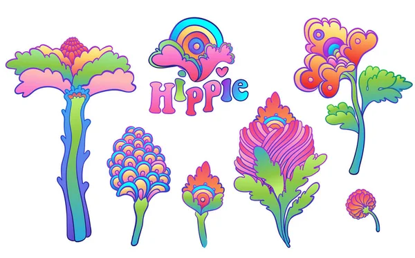 Kleurrijke bloem set, retro jaren '60, jaren' 70 hippie stijl. Vintage psychedelische vector design elementen. geïsoleerd op wit. — Stockvector