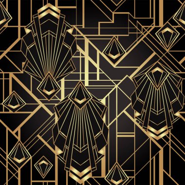 Art deco stili geometrik kusursuz siyah ve altın desenli. Vektör çizimi. Kükreyen 1920 tasarımları. 20 'lik. Eski kumaş, tekstil, ambalaj kağıdı, duvar kağıdı..