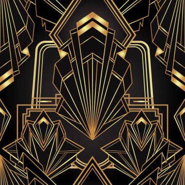 Art deco stili geometrik kusursuz siyah ve altın desenli. Vektör çizimi. Kükreyen 1920 tasarımları. 20 'lik. Eski kumaş, tekstil, ambalaj kağıdı, duvar kağıdı..