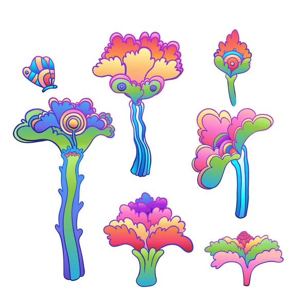 Colorful flower set, retro 60s, 70s hippie style. Vintage psychedelic vector design elements. Isolated on white. — 图库矢量图片