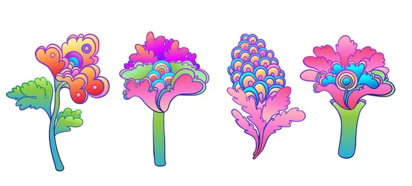 Conjunto de flores coloridas, estilo hippie retro de los años 60 y 70. Elementos de diseño vectorial psicodélico vintage. Aislado sobre blanco. — Vector de stock